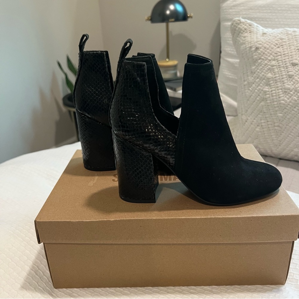 Steve Madden Black Suede Norelle Bootie with snake embossed block heel